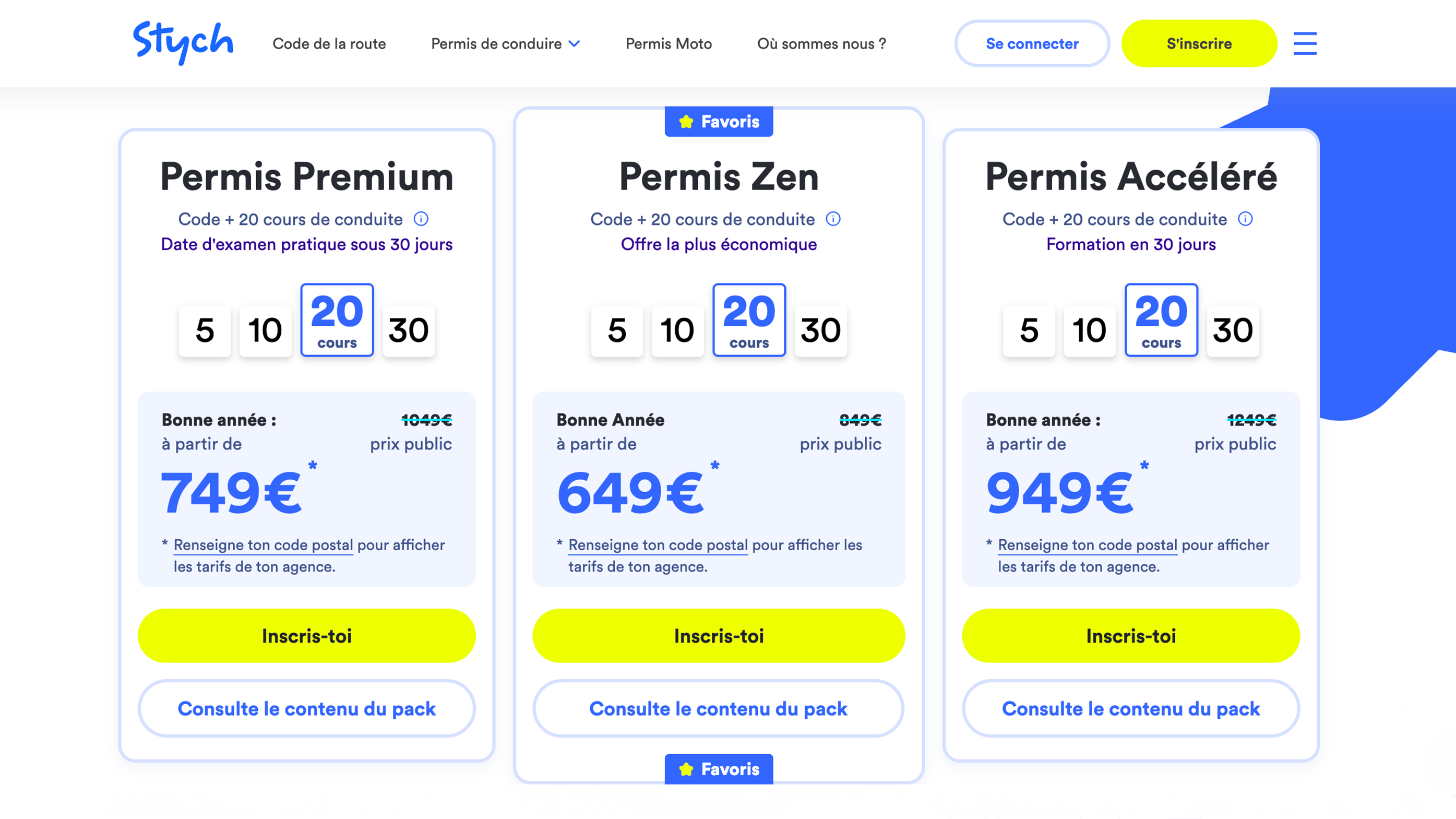 Sélection du pack Permis de conduire ou Code de la route sur la page d'accueil Stych